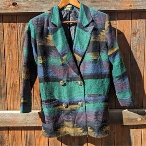 Vintage Aztec Southwestern Blazer Blanket Jacket Blue Green Button Up Western S